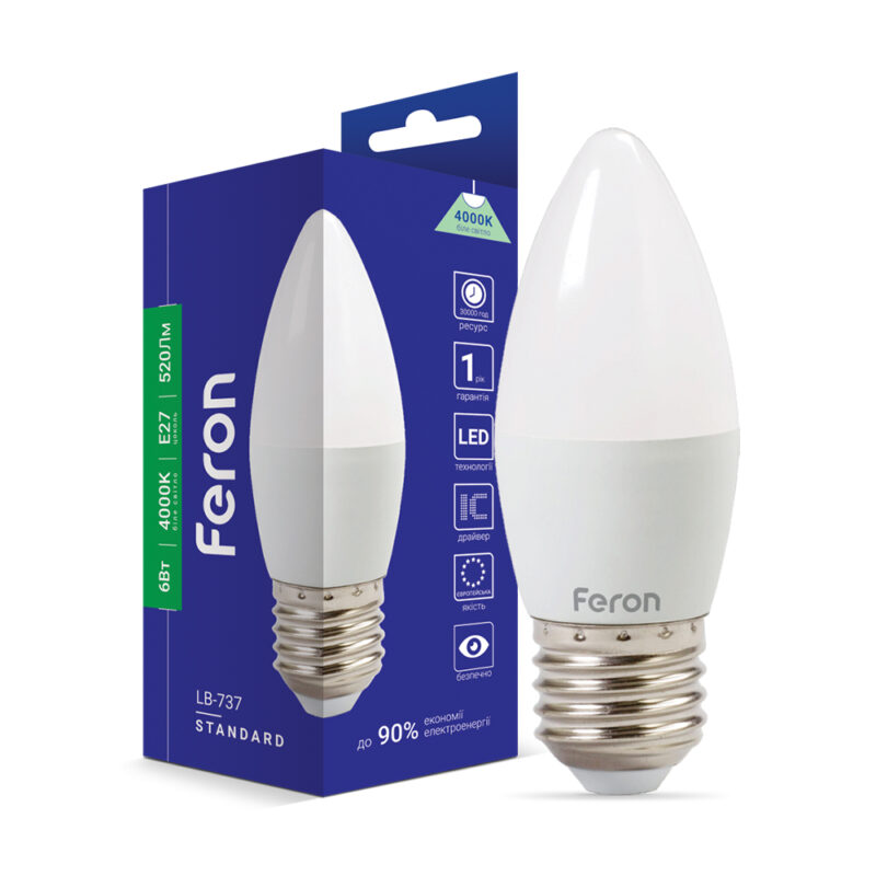 Лампа світлодіодна LED Feron C37 6W E27 4000K LB-737
