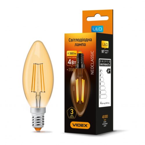 Лампа LED 4W 2200K E14 C37FA Filament бронза Videx