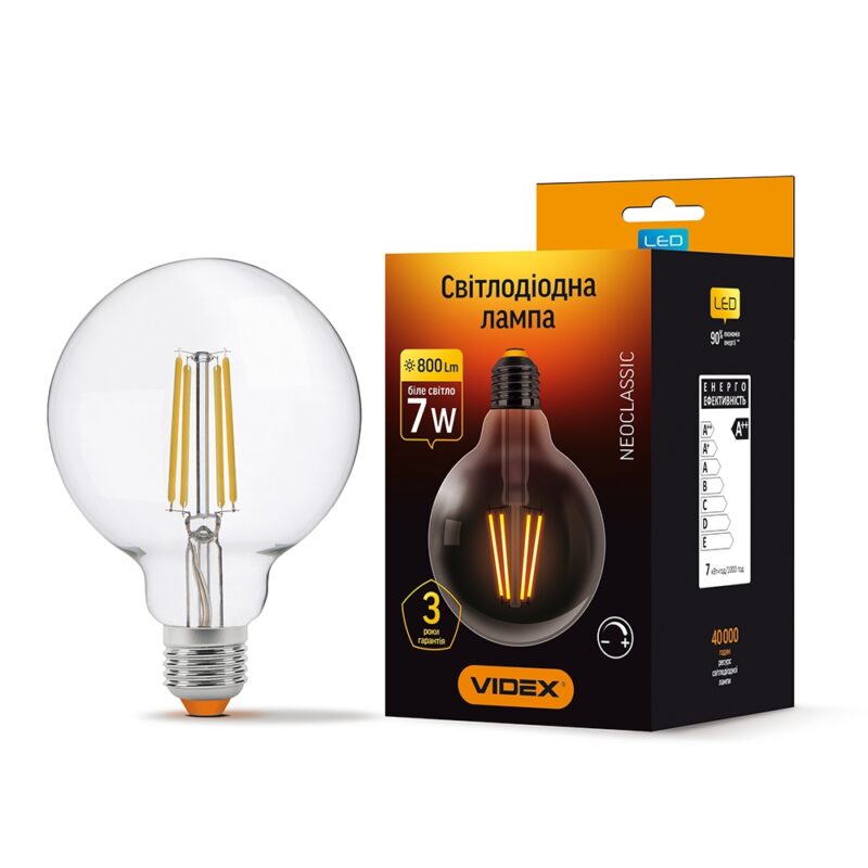 Лампа LED 7W 4100K E27 G95FD Filament димерна Videx