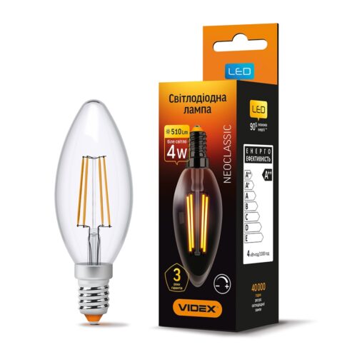 Лампа LED 4W 4100K E14 C37FD Filament димерна Videx
