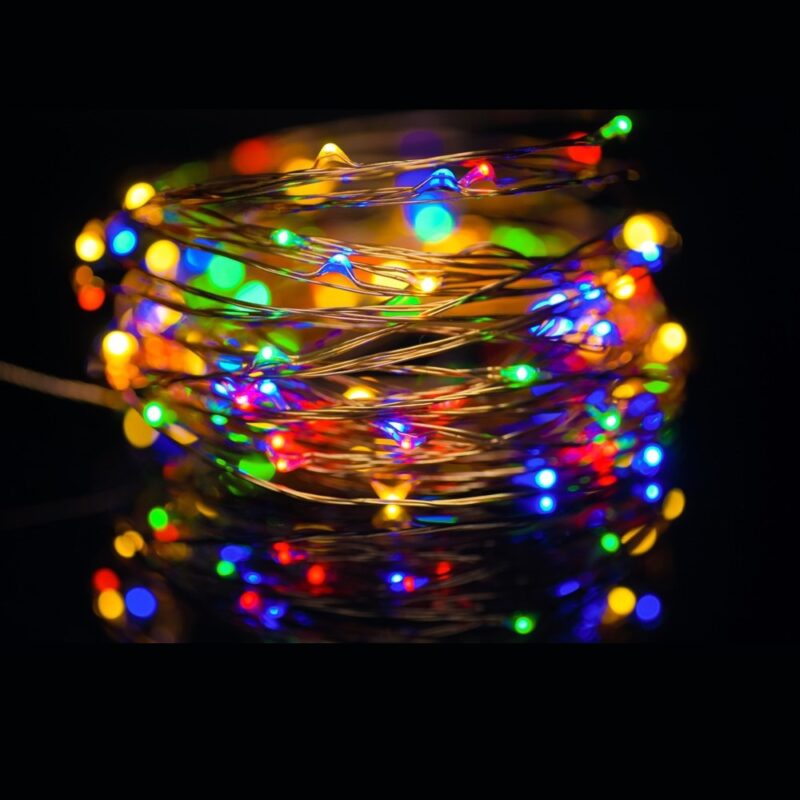 Гірлянда нитка Роса RGB різнокольорова 100 LED, 10м Холодний білий на батарейках + USB