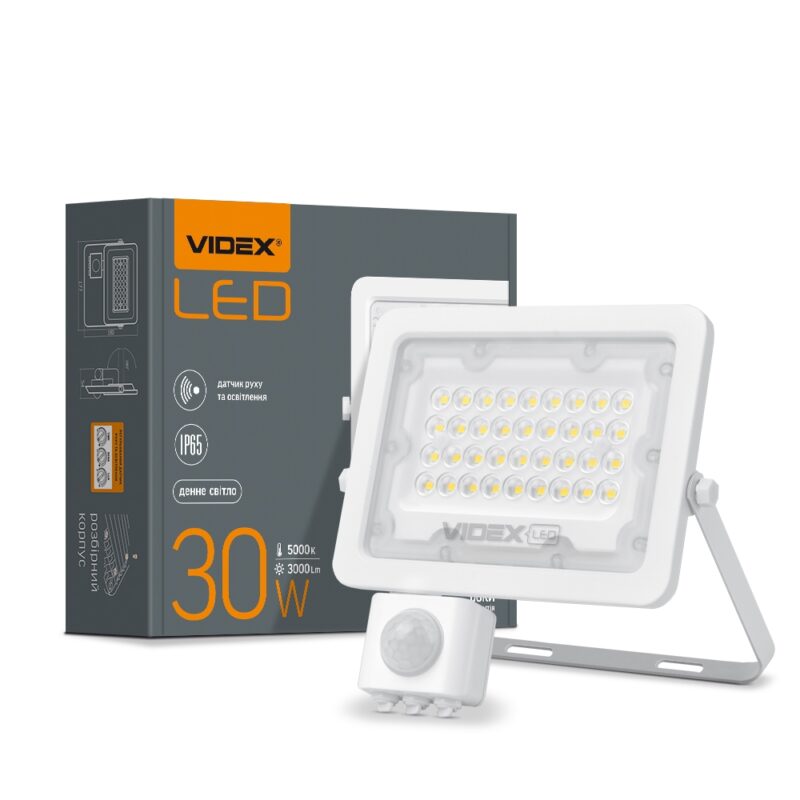 Прожектор LED Videx 30W 5000K з датчиком руху та освітленості VL-F2e305W-S