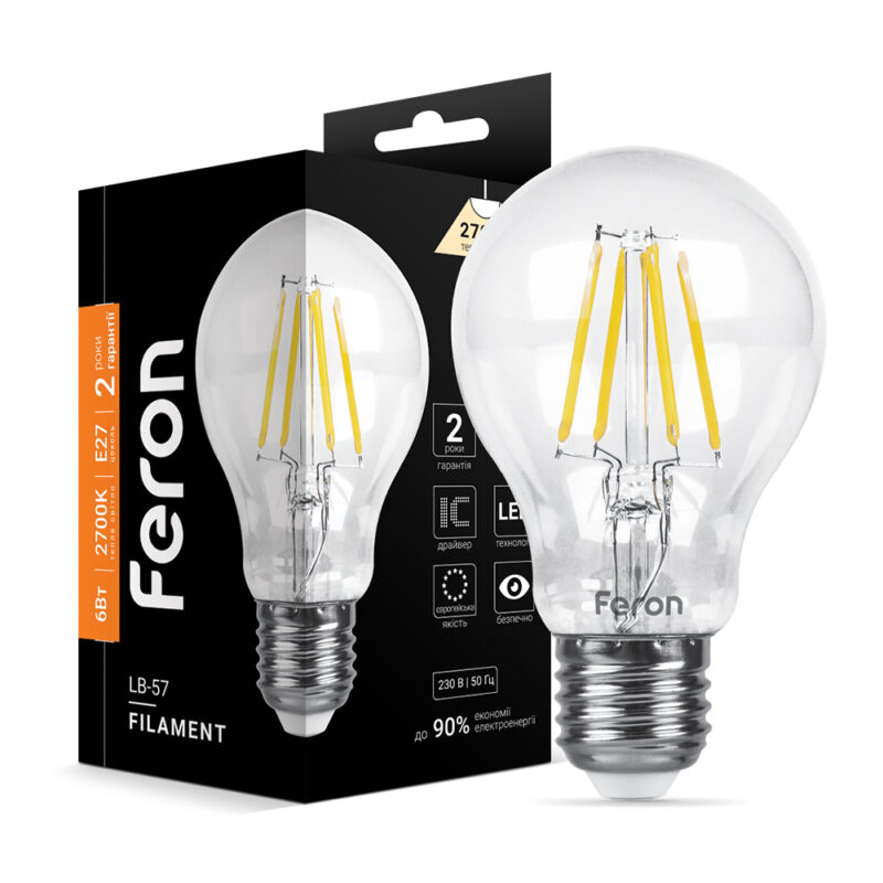 Світлодіодна філаментна лампа LB-63 A60 6W Тепле біле світло 2700K цоколь E27 Filament Feron