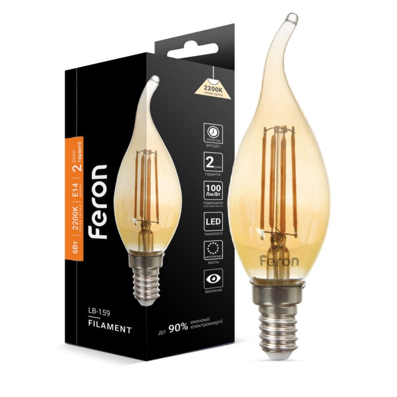 Філаментна світлодіодна лампа LED Feron CF37 6W E14 2200K LB-159 Filament золото