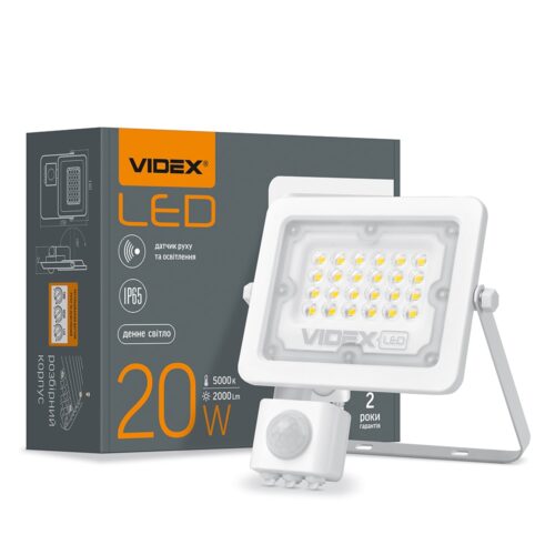 Прожектор LED Videx 20W 5000K F2e з датчиком руху та освітленості VL-F2e205W-S