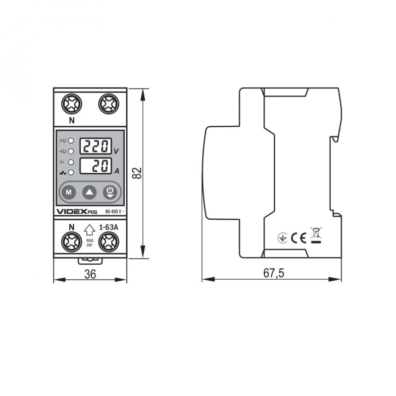 Реле контролю напруги та струму Videx 145-300В 1-63А VF-RS-RNT63