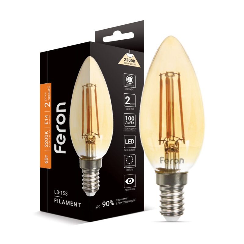 Філаментна світлодіодна лампа LED Feron C37 6W E14 2200K LB-158 Filament золото