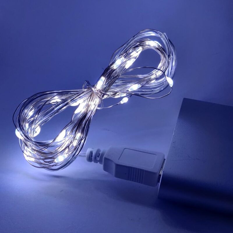 Гірлянданитка Роса 100 LED, 10м Холодний білий на батарейках + USB