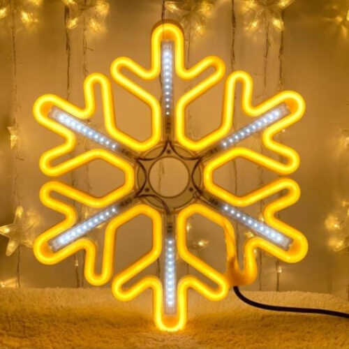 Світлодіодна вулична новорічна фігура Сніжинка 40х40 см з неону та з ефектом падаючої LED краплі, Золота