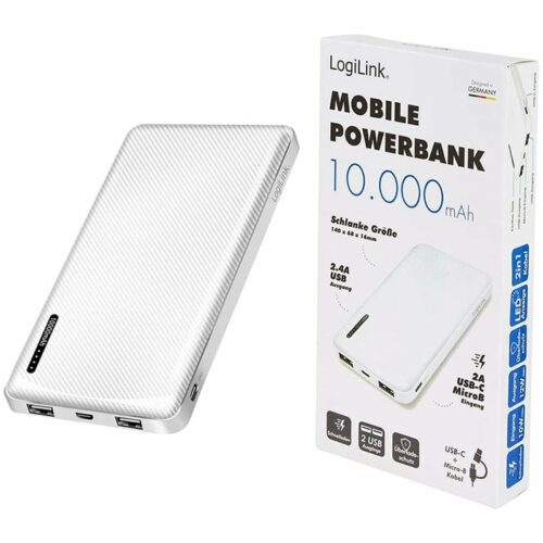 Повербанк LogiLink White 10000mAh MicroUSB+Type-C кабель