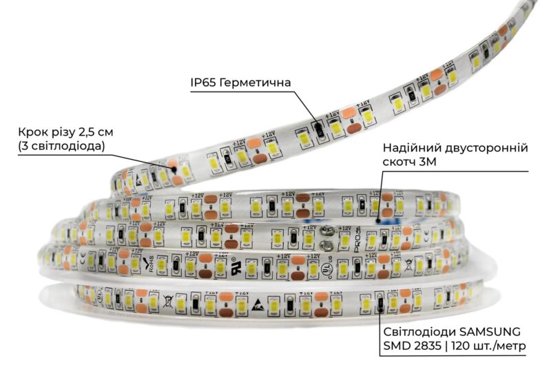 Світлодіодна LED стрічка PROLUM™ 12V 2835/120 IP65 Серія SG Холодний-білий (9000-10000К)