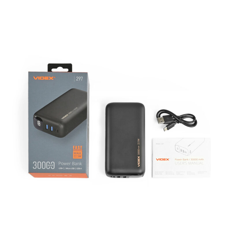 Повербанк Videx VPB-297-B 30000mAh 22.5W QC+PD Чорний