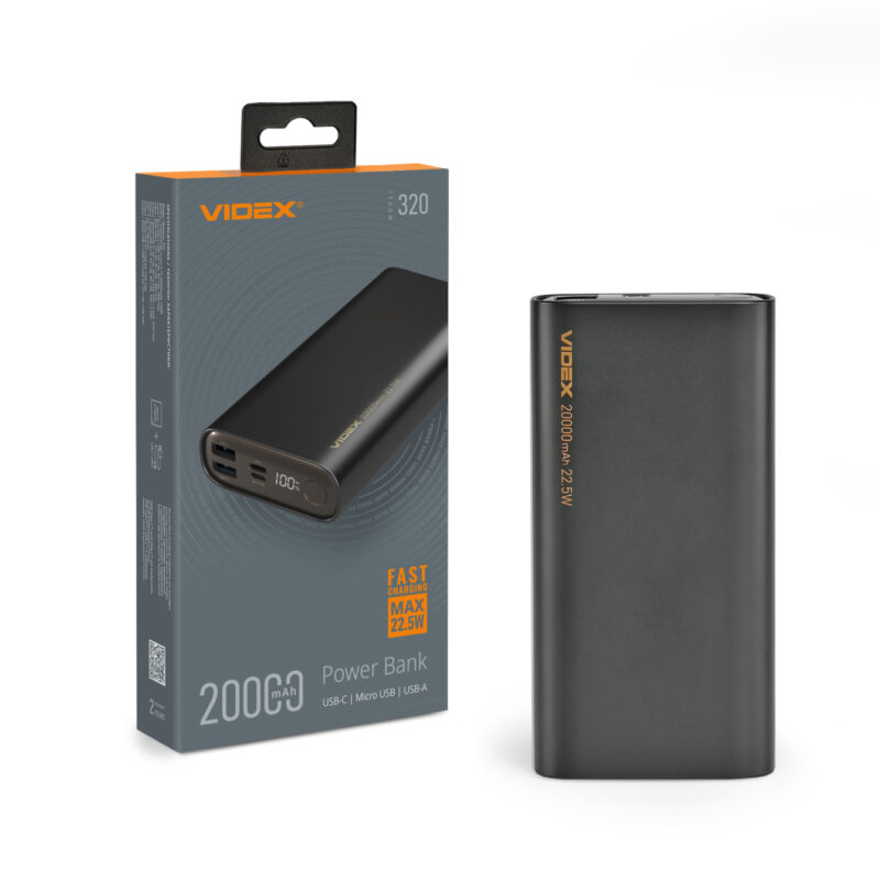 Повербанк Videx VPB-320-B 20000mAh 22.5W QC+PD Чорний