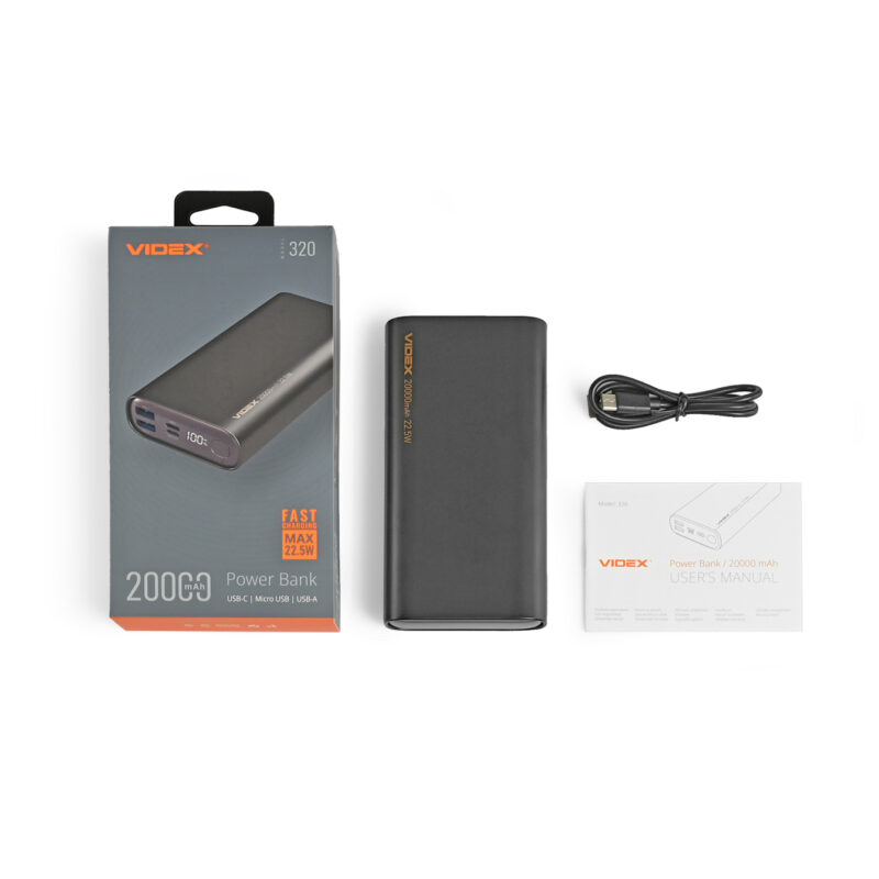 Повербанк Videx VPB-320-B 20000mAh 22.5W QC+PD Чорний