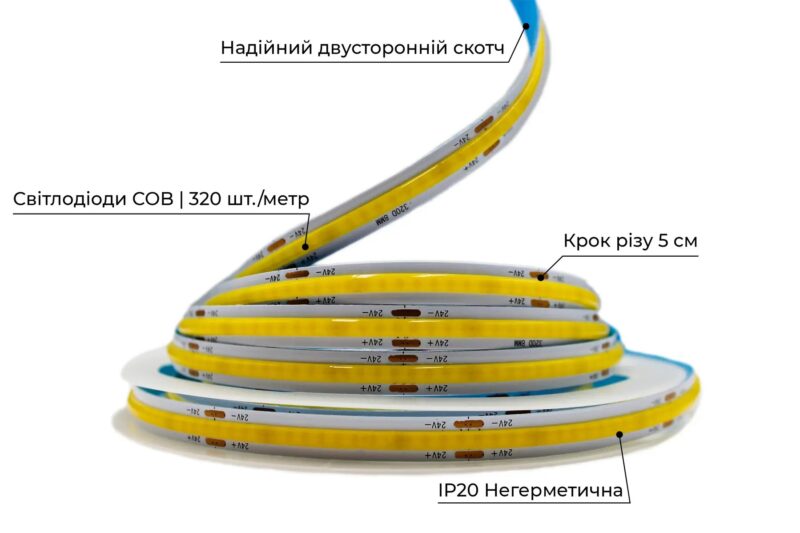Світлодіодна LED стрічка PROLUM™ 24V, СОВ, 320 LED, IP20, Series PRO, Білий (5500-6000К)