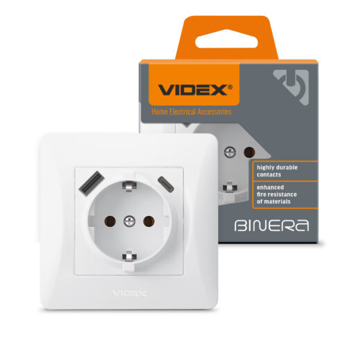 Розетка Videx Binera одинарна з заземленням з USB+USB-C біла VF-BNSK1GUC-W