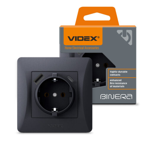 Розетка Videx Binera одинарна з заземленням з USB+USB-C чорний графіт VF-BNSK1GUC-BG