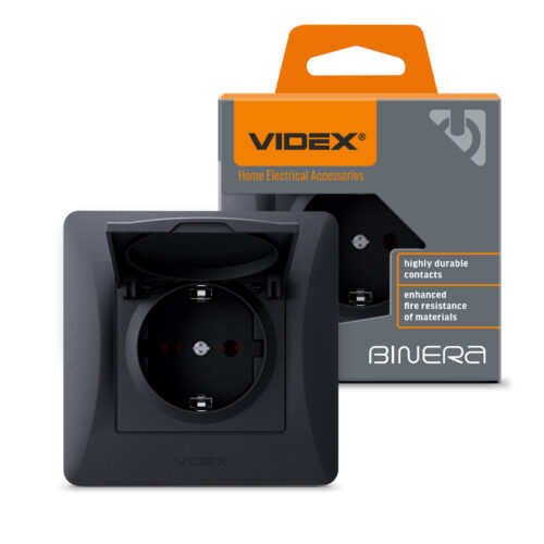 Розетка VIDEX BINERA c заземленням та кришкою чорний графіт VF-BNSK1GС-BG