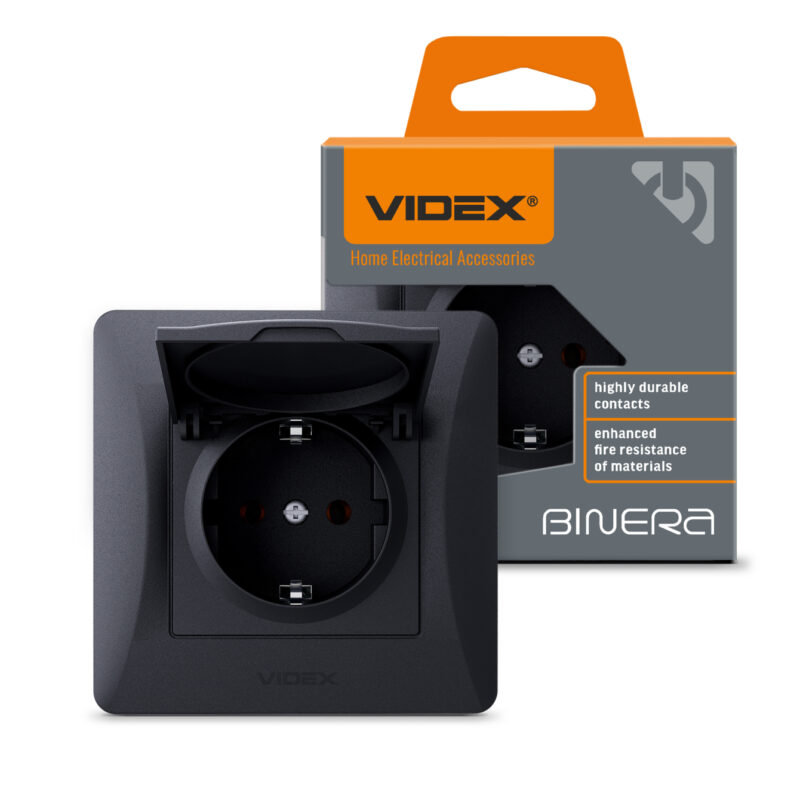 Розетка VIDEX BINERA c заземленням та кришкою чорний графіт VF-BNSK1GС-BG