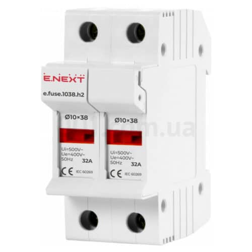 Тримач плавкого запобіжника 10×38 мм на DIN-рейку з індикацією e.fuse.1038.h2, 2P 32 А, E.NEXT