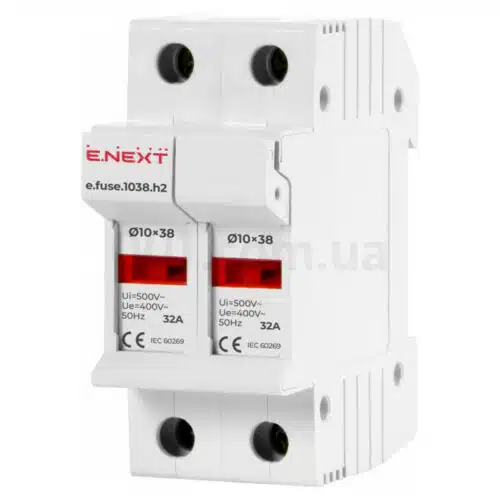 Тримач плавкого запобіжника 10×38 мм на DIN-рейку з індикацією e.fuse.1038.h2, 2P 32 А, E.NEXT