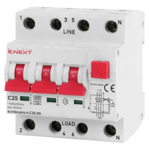 Вимикач диференційного струму з захистом від надструмів e.rcbo.pro.4.C25.30 3P+N 25А С тип А 30мА, E