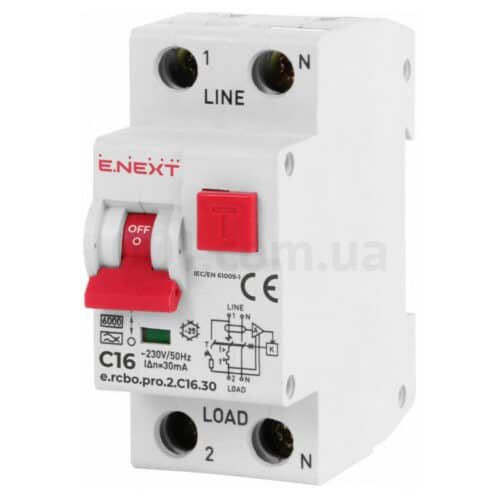 Диференційний автоматичний вимикач E.NEXT e.rcbo.pro.2.C16.30, 1P+N, 16А, С, тип А, 30мА