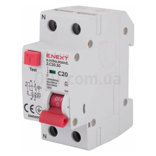 Вимикач диференційного струму з захистом від надструмів e.rcbo.stand.2.C20.30 1P+N 20А С 30мА, E.NEX