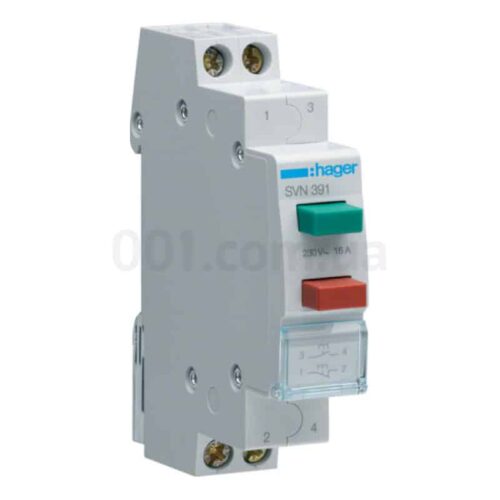 Кнопка модульна на DIN-рейку подвійна (зелена 1НВ та червона 1НЗ) без фіксації 16А/230В, Hager