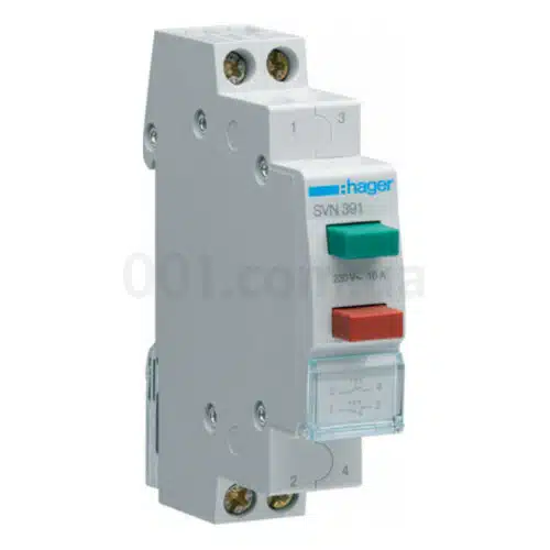 Кнопка модульна на DIN-рейку подвійна (зелена 1НВ та червона 1НЗ) без фіксації 16А/230В, Hager