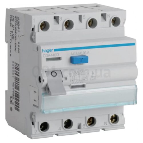 Пристрій захисного відключення (ПЗВ) CDA440D 4P 40A 30mA тип A, Hager