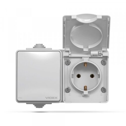 Розетка зовнішня одинарна із заземленням та вимикачем одноклавішним сіра VIDEX BINERA