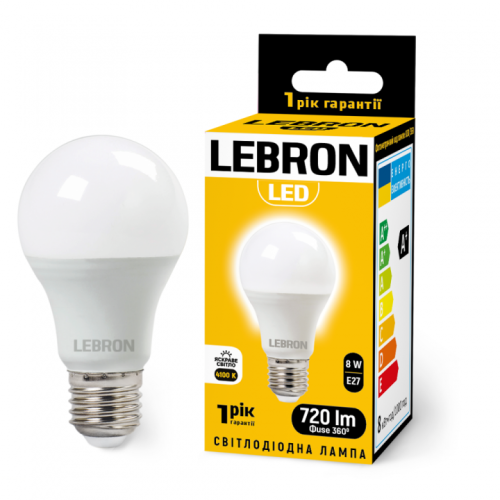 LED лампа LEBRON L-A60, 8W, E27, 4100K, 720Lm