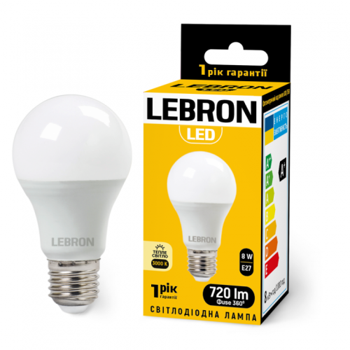 LED лампа LEBRON L-A60, 8W, E27, 3000K, 720Lm