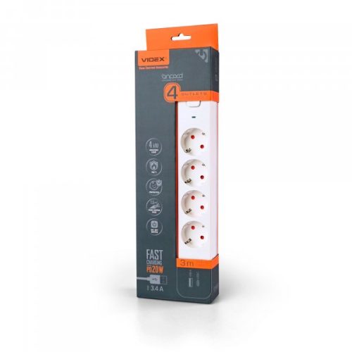 Мережевий подовжувач VIDEX ONCORD з/з 4п 3м (3x1.5мм) 3.4А USB(QC3.0) +USB-C(PD20W) з кнопкою White